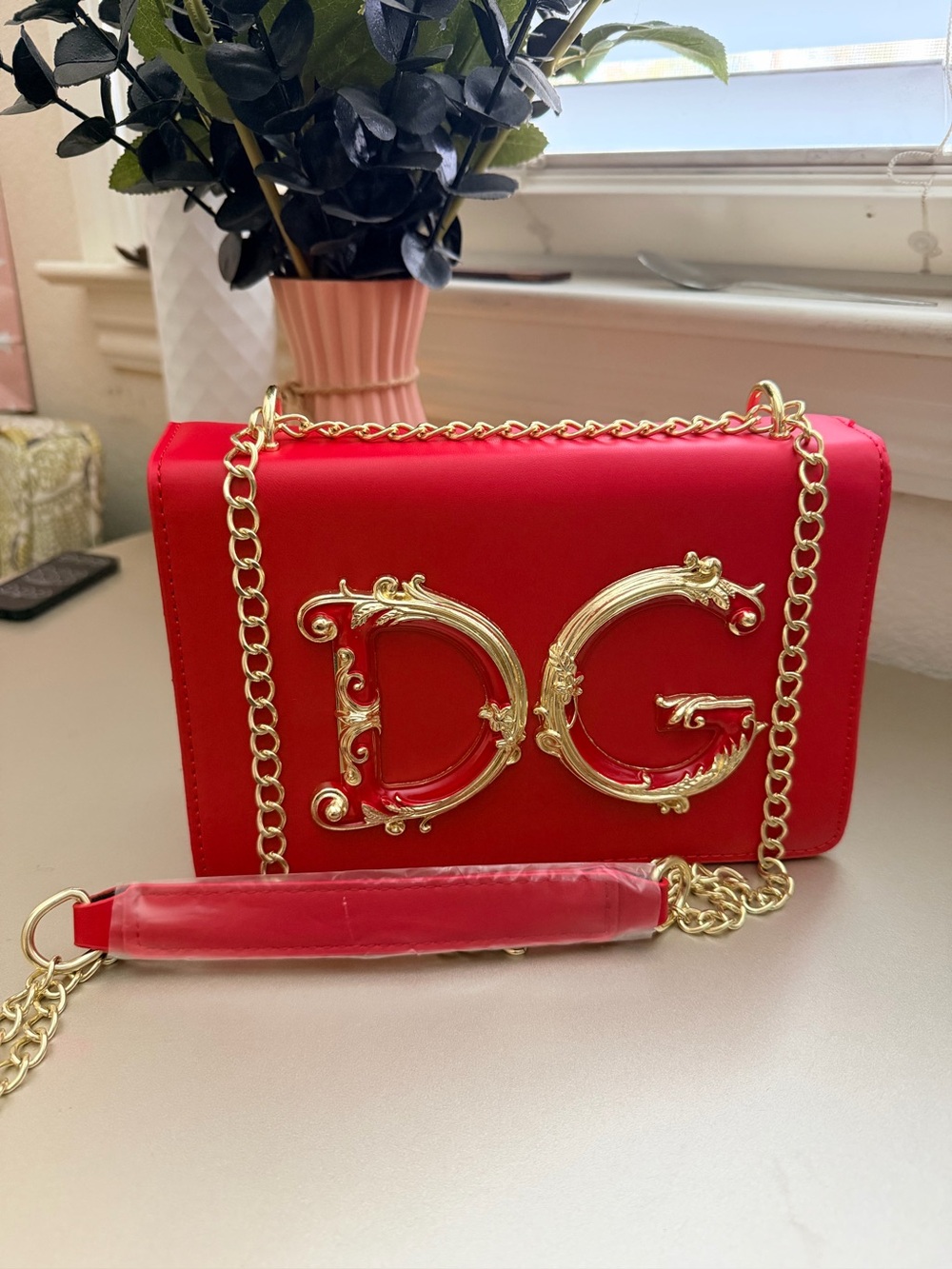 New DG logo Embellished Red  shoulder Bag with Gold Chain